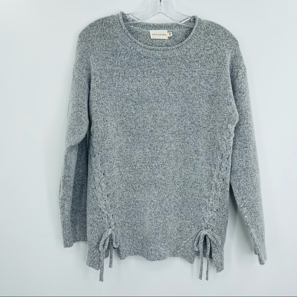 Dreamers Pullover Sweater Womens XS Gray Side Lace Up Jumper Knit Cozy